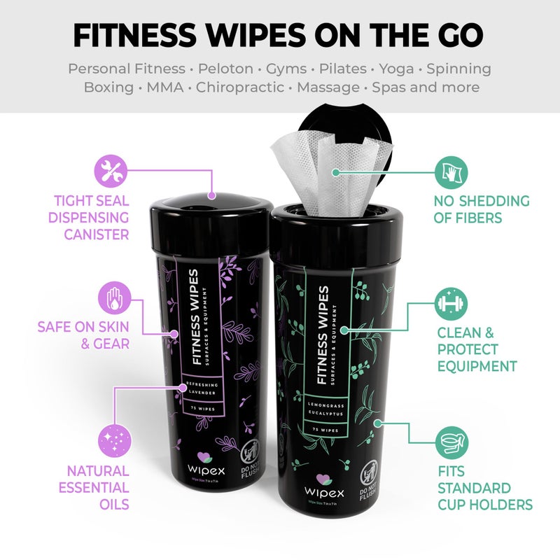 Wipex Fitness Equipment Wipes | Clean Gym Equipment, Yoga Mats, Peloton Bike Cleaner, Exercise Machine Wipes | Lemongrass, Eucalyptus, 75 Ct Canister - Image 4