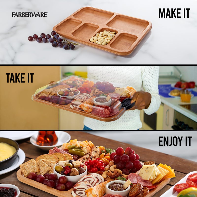 Farberware Build-A-Board Bamboo Cutting Board with Built-In Compartments & Clear Locking Lid, Black Handles â€“ Charcuterie, Snack Tray, Food Prep and Serving Platter - Image 3
