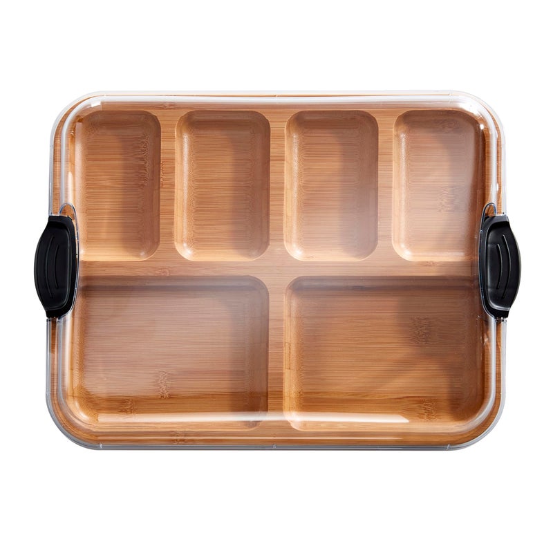 Farberware Build-A-Board Bamboo Cutting Board with Built-In Compartments & Clear Locking Lid, Black Handles â€“ Charcuterie, Snack Tray, Food Prep and Serving Platter - Image 2
