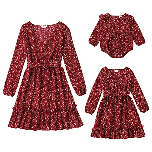 AWIBMK Mommy and Me Matching Dresses Polka Dot Print Ruffled Boho ALine Long Dress V Neck Waist Self Tied Belt Long Sleeve Casual Fall Winter Mom Daughter Matching Outfits Burgundy Polka Dot 36 Months - Image 3