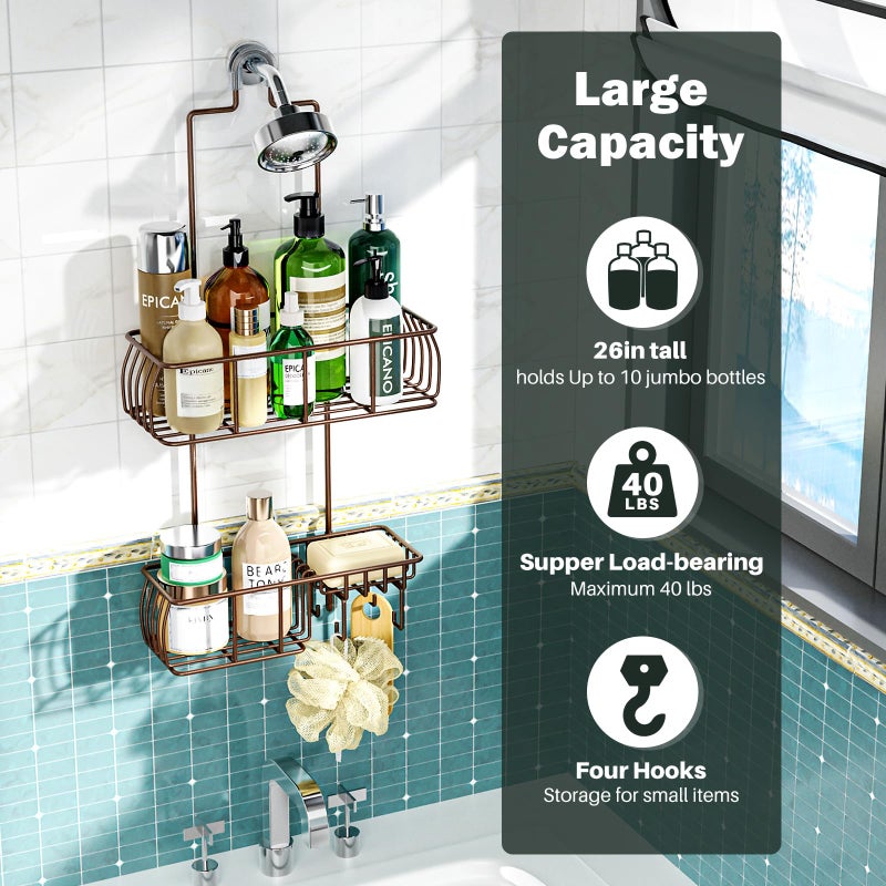 Epicano Shower Caddy Hanging, Anti-Swing Over Head Shower Caddy Rustproof with hooks for Towels, Sponge and more, Bronze - Image 2