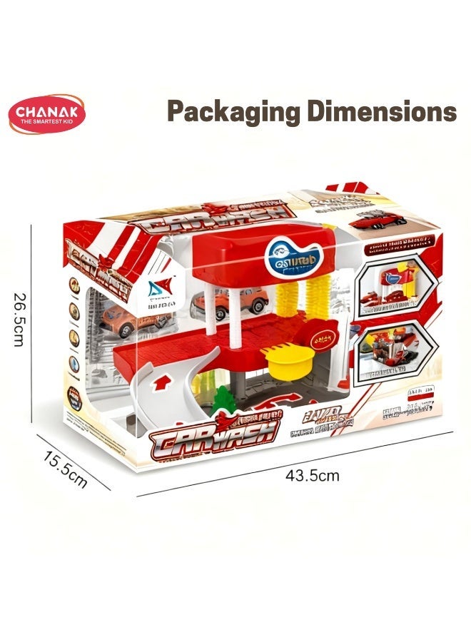 Chanak Fire Truck Car Wash Playset For Kids 1 Layer Sliding Track With Lights, Music & Sound Simulated Water Wash, Lifting Platform & Alloy Die Cast Vehicles For Boys & Girls (Ages 3+) - Image 3