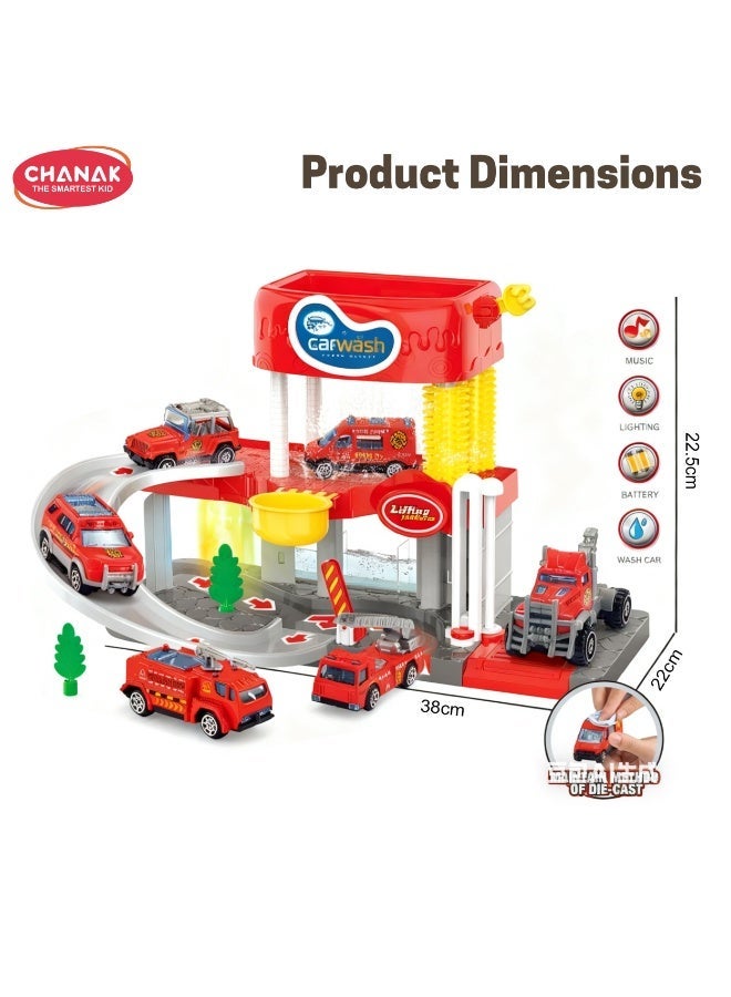 Chanak Fire Truck Car Wash Playset For Kids 1 Layer Sliding Track With Lights, Music & Sound Simulated Water Wash, Lifting Platform & Alloy Die Cast Vehicles For Boys & Girls (Ages 3+) - Image 4