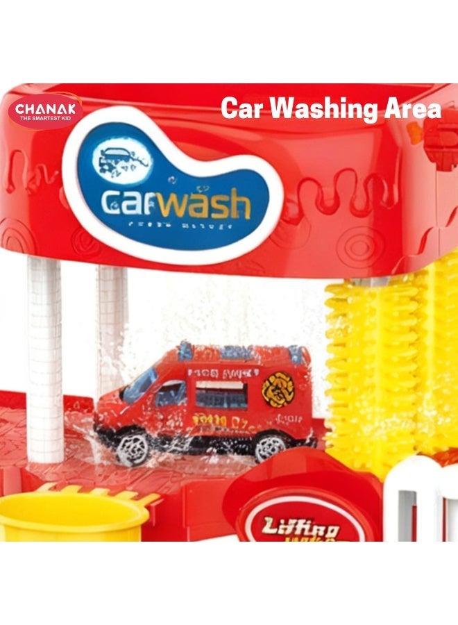 Chanak Fire Truck Car Wash Playset For Kids 1 Layer Sliding Track With Lights, Music & Sound Simulated Water Wash, Lifting Platform & Alloy Die Cast Vehicles For Boys & Girls (Ages 3+) - Image 5