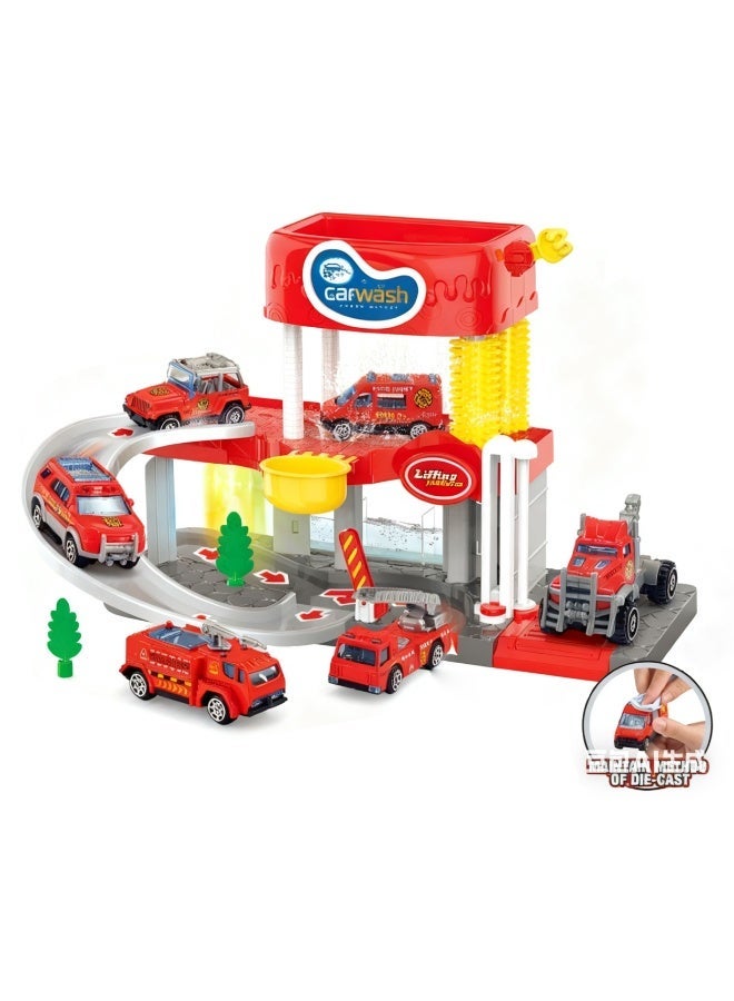 Chanak Fire Truck Car Wash Playset For Kids 1 Layer Sliding Track With Lights, Music & Sound Simulated Water Wash, Lifting Platform & Alloy Die Cast Vehicles For Boys & Girls (Ages 3+) - Image 1