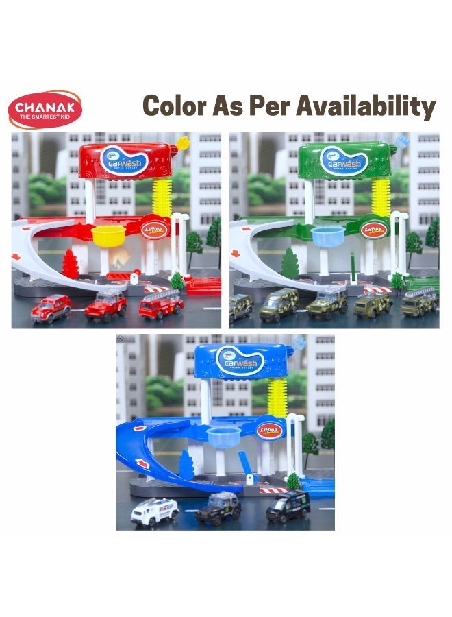Chanak Fire Truck Car Wash Playset For Kids 1 Layer Sliding Track With Lights, Music & Sound Simulated Water Wash, Lifting Platform & Alloy Die Cast Vehicles For Boys & Girls (Ages 3+) - Image 2