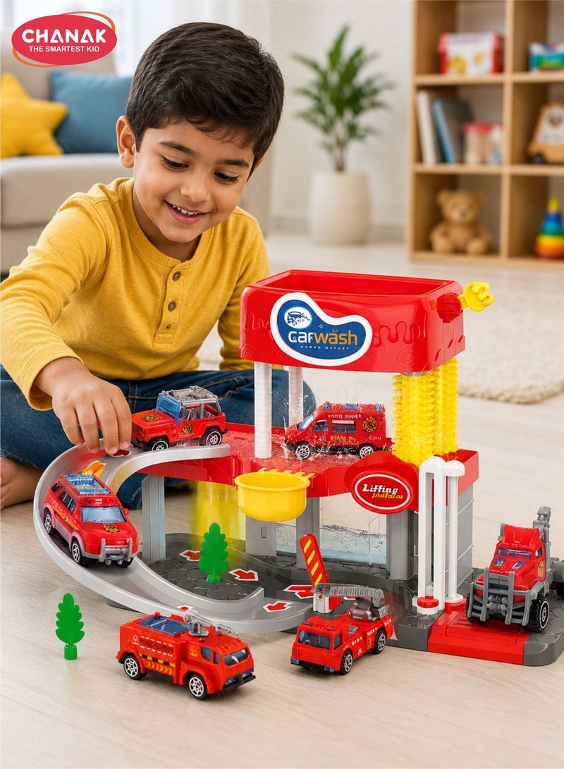 Chanak Fire Truck Car Wash Playset For Kids 1 Layer Sliding Track With Lights, Music & Sound Simulated Water Wash, Lifting Platform & Alloy Die Cast Vehicles For Boys & Girls (Ages 3+) - Image 1
