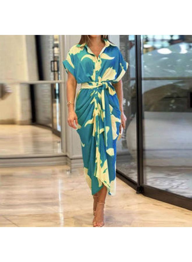 Summer New European And American Women's Lace-up Waist Short Sleeve Single Breasted Solid Color Shirt Dress