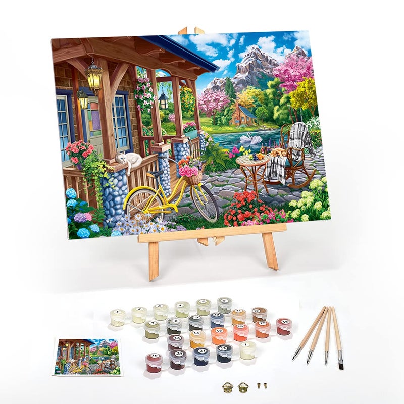 Ledgebay DIY Paint by Numbers Kit for Adults Framed Canvas Beginner to Advanced Paint by Numbers Kit Kits Include Acrylic Paint set Brushes Tabletop Easel Colorful House Near The Lake 16x20 Framed