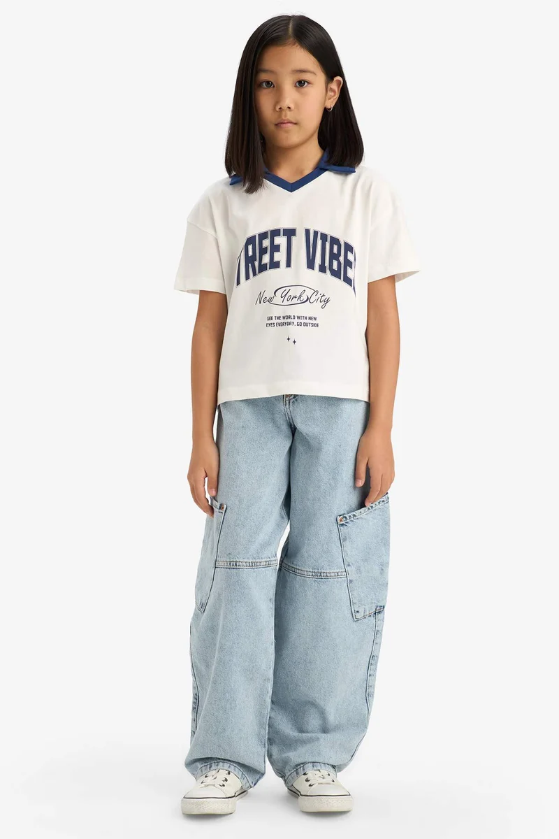ديفاكتو Girl Boxy Fit Slogan Printed Polo T-Shirt