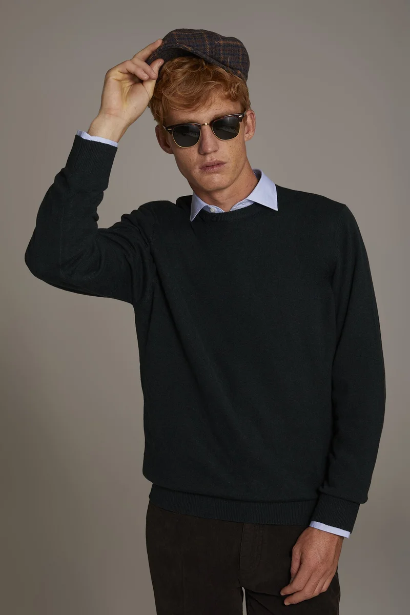 Wool blend round neck sweater - Forest Green