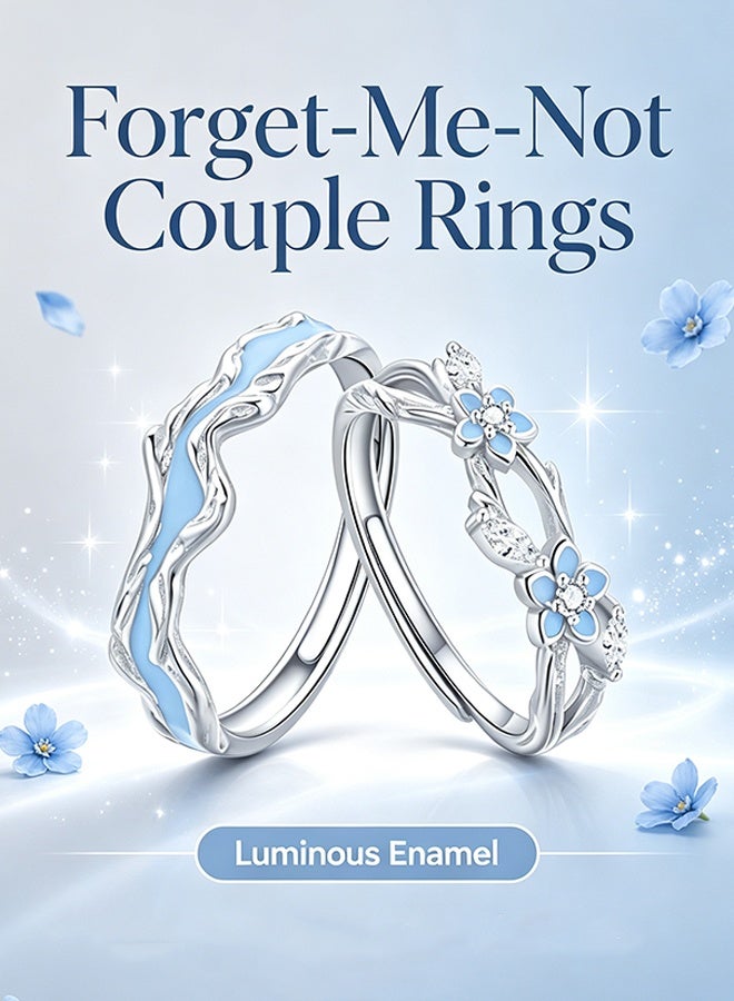 GIFT Forget‑Me‑Not Couple Rings, Adjustable Open Band Silver Plated Matching Promise Rings For Lovers - Image 2