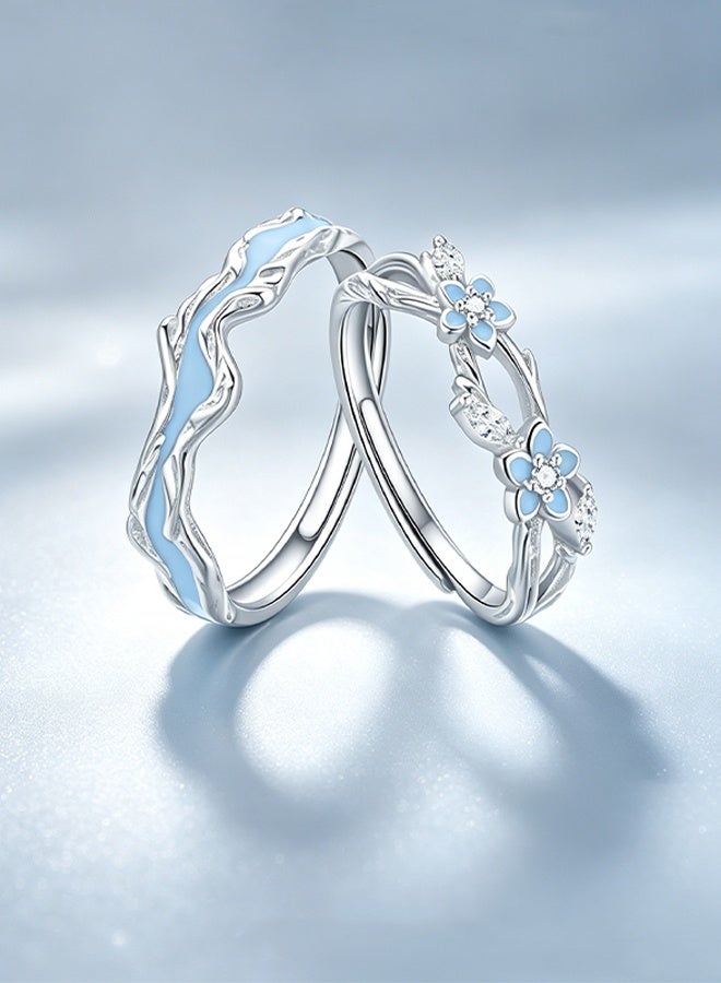 GIFT Forget‑Me‑Not Couple Rings, Adjustable Open Band Silver Plated Matching Promise Rings For Lovers - Image 1
