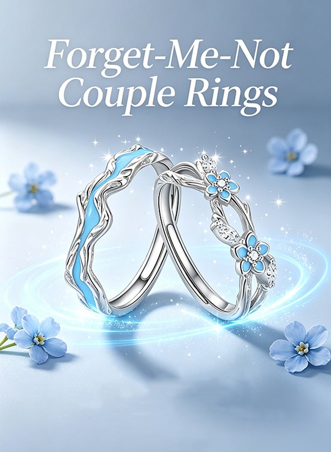 GIFT Forget‑Me‑Not Couple Rings, Adjustable Open Band Silver Plated Matching Promise Rings For Lovers - Image 4