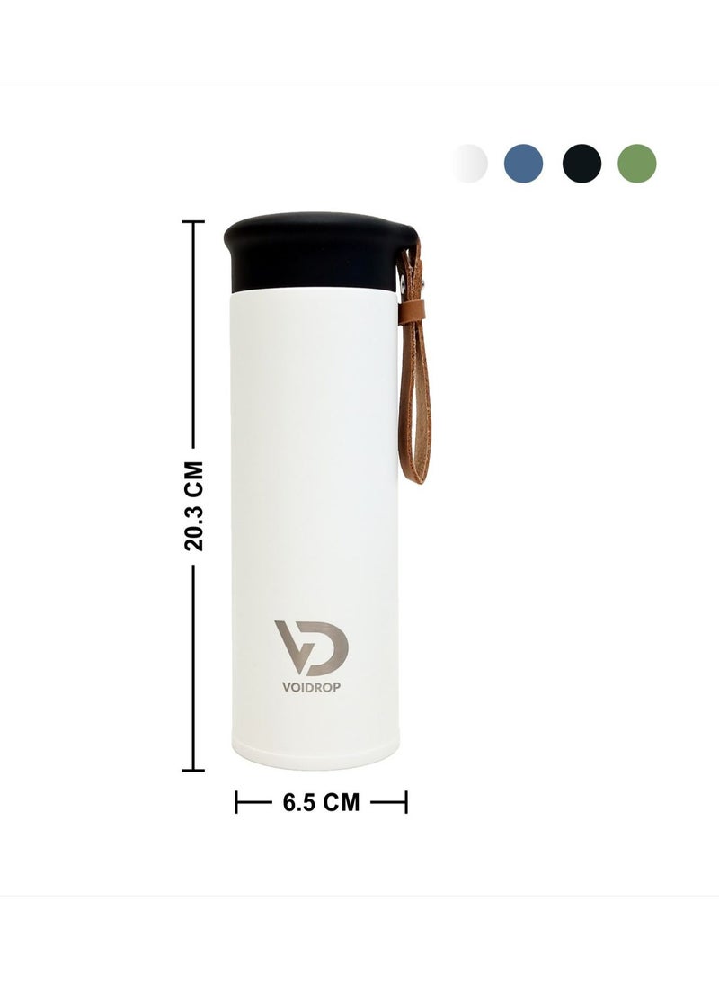 VoiDrop Small Insulated Water Bottle 450ml Stainless Steel Water Bottle With Filter Water Bottle With PU Strap Hydrate Water Bottle Tumbler Water Bottle With Powder Coated SNOW WHITE 16oz - Image 2