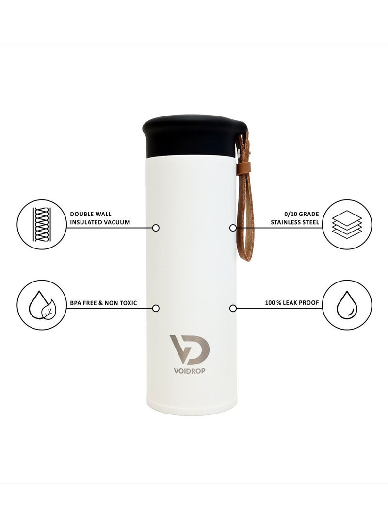 VoiDrop Small Insulated Water Bottle 450ml Stainless Steel Water Bottle With Filter Water Bottle With PU Strap Hydrate Water Bottle Tumbler Water Bottle With Powder Coated SNOW WHITE 16oz - Image 4