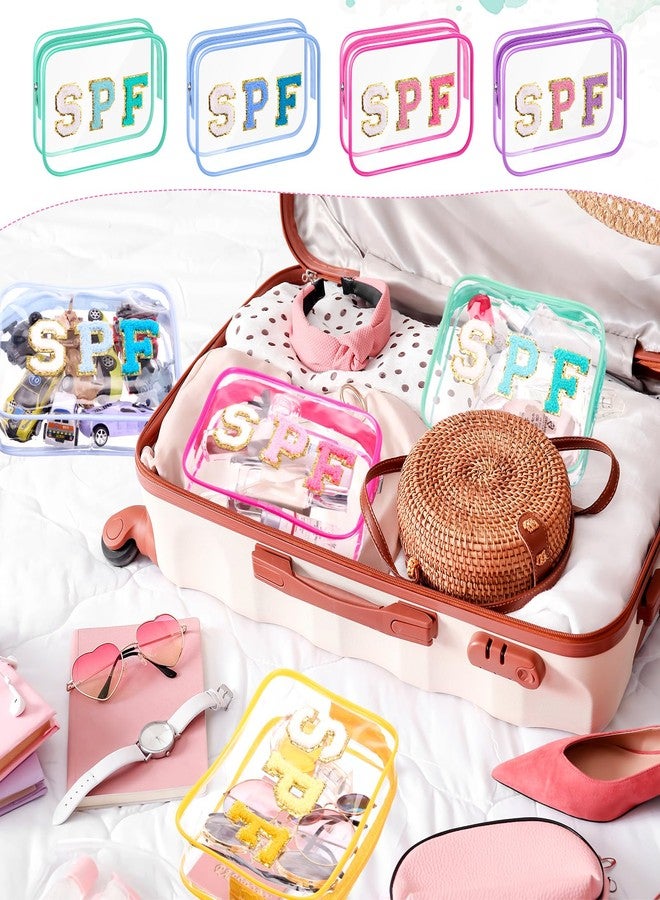Kacctyen 12 Pcs Spf Clear Makeup Bags Bulk Waterproof Sunscreen Pouch Beach Pool Bag Chenille Letter Patch PVC Preppy Travel Toiletry Cosmetic Zipper Organizer for Women Girls Summer Vacation Gifts - Image 5