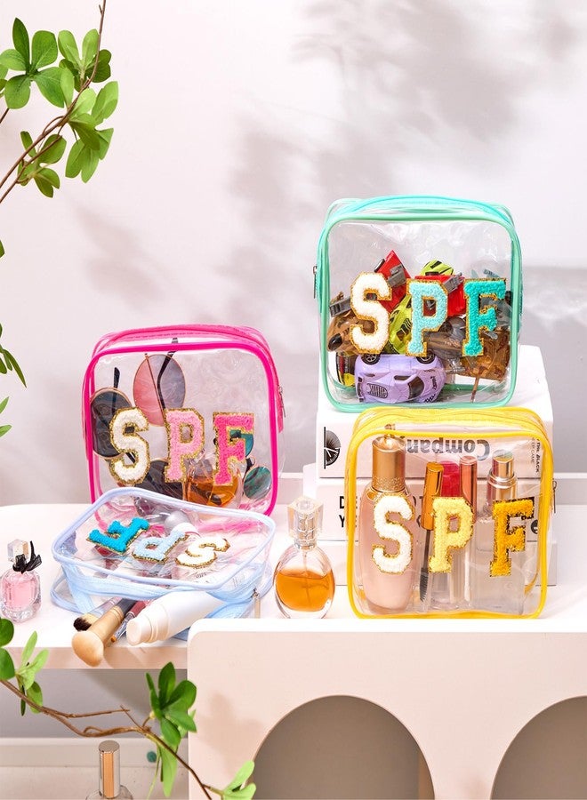 Kacctyen 12 Pcs Spf Clear Makeup Bags Bulk Waterproof Sunscreen Pouch Beach Pool Bag Chenille Letter Patch PVC Preppy Travel Toiletry Cosmetic Zipper Organizer for Women Girls Summer Vacation Gifts - Image 4