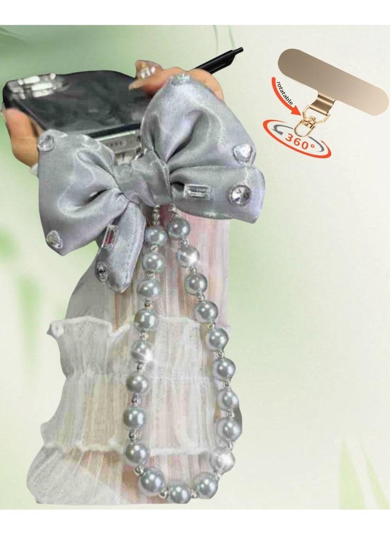 Generic Phone Charm , Pearl Bow Beaded Phone Chain lanyards, Anti-Lost Charm Wrist Strap Phone Lanyard Wrist Strap Keychain with Stainless steel 360 degree rotating clip metal chain,for Wallet Handbag Camera Cell Decoration  - Image 2