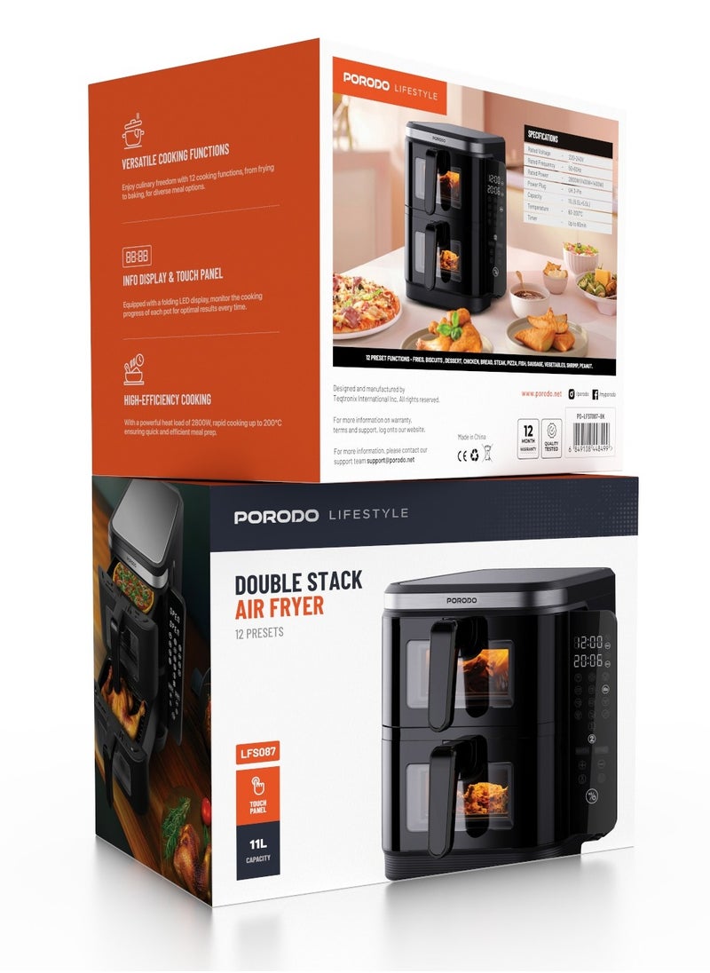 porodo - 11L Air Fryer Double Stack 5.5L+5.5L Capacity 2800W with Info Display & Touch Panel / 12 Presets / Versatile Cooking Functions / High-Efficiency Cooking / Healthier meals - Black - Image 1