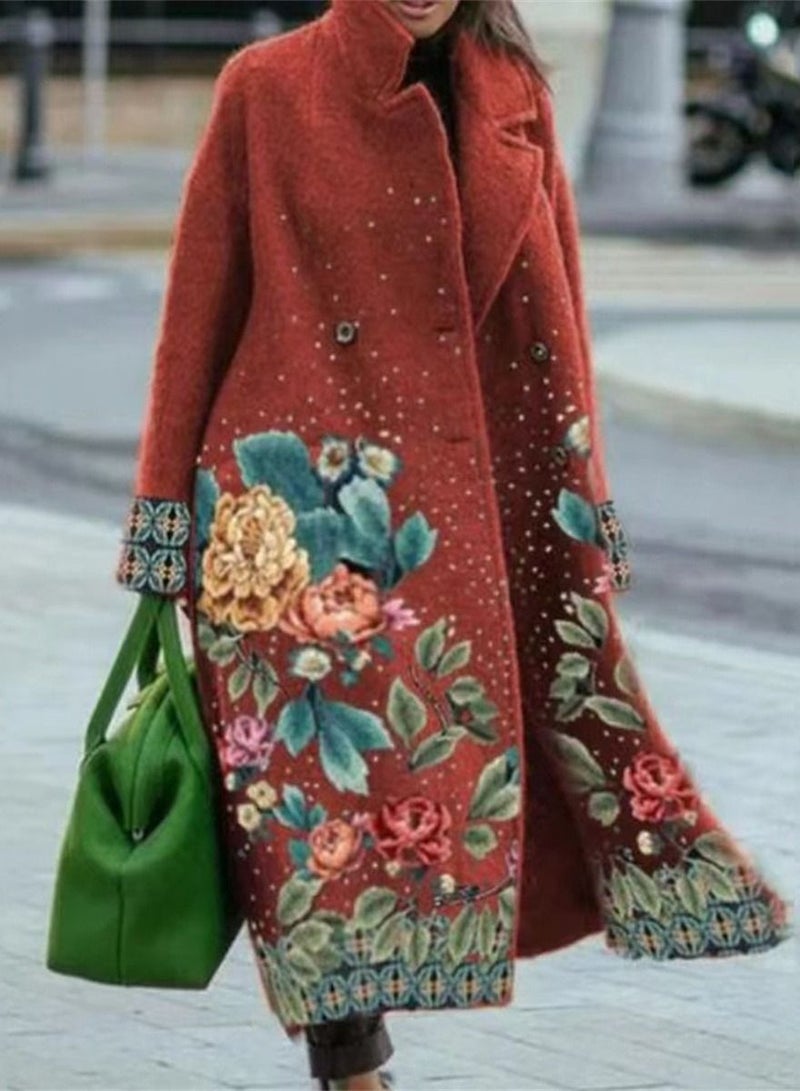 Loquat Women's Long Sleeve Coat Print Long Red 