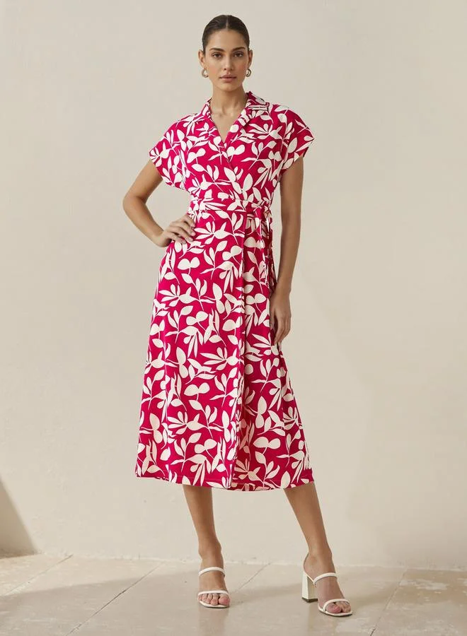 Splash FAV Leaf Print Wrap Style Women Dress with Tie-Up Detail
