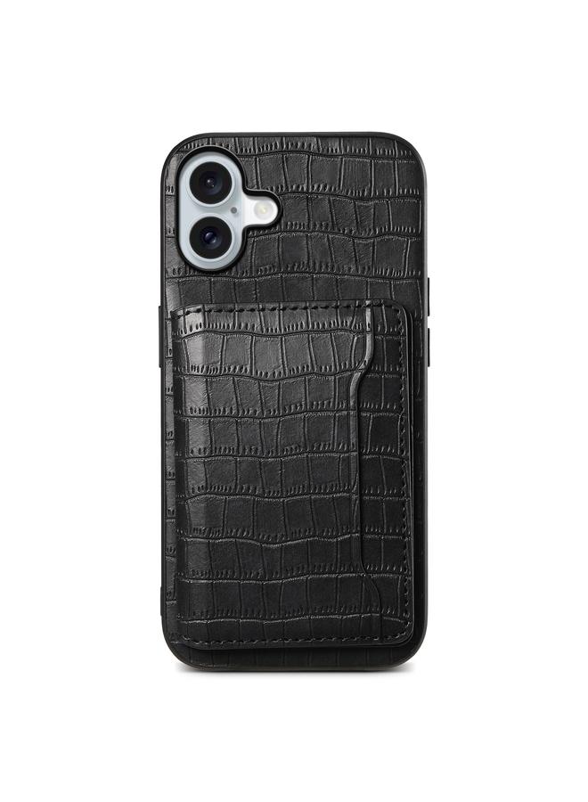 اس-توب جراب لهاتف iPhone 16 Plus بتصميم حقيبة بطاقات من نسيج التمساح مع تغطية كاملة - Image 1
