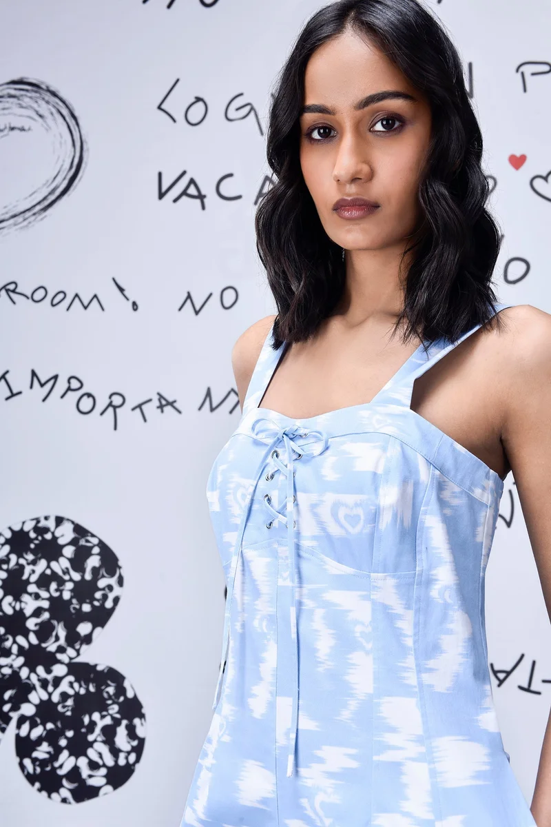 Genes Lecoanet Hemant Ikkat Check Relaxed Fit Dungaree- Light Blue