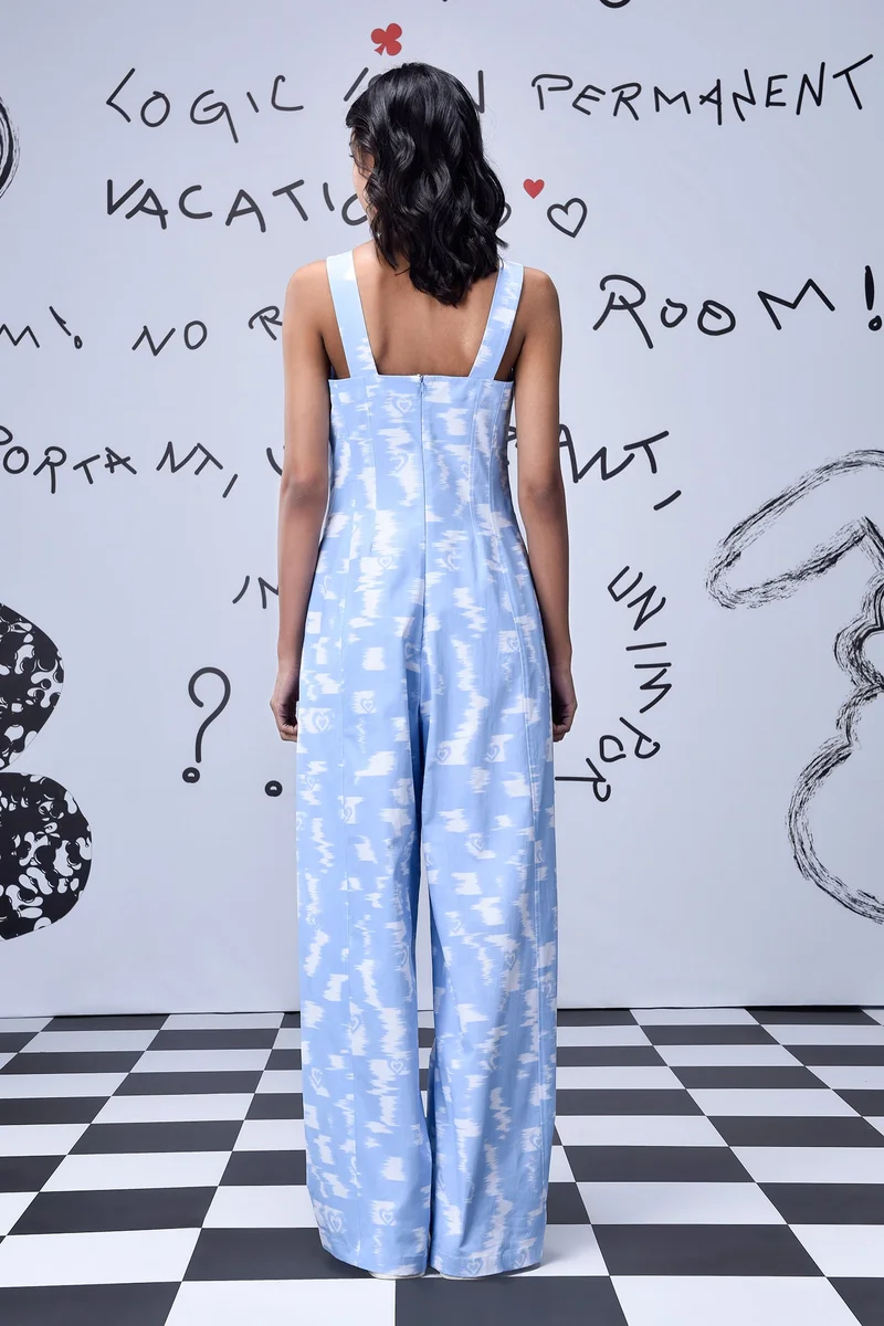 Genes Lecoanet Hemant Ikkat Check Relaxed Fit Dungaree- Light Blue