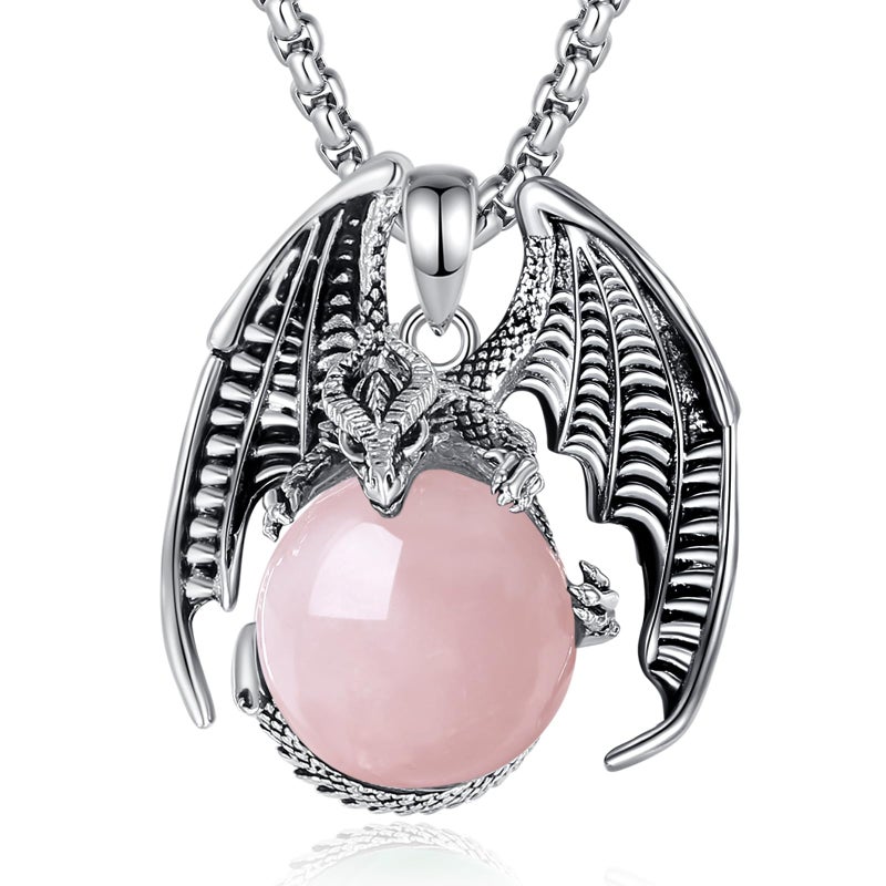 Vito Pink Quartz Dragon Necklace for Women Men, Crystal Rose Quartz Ball Dragon Pendant Lucky Energy Amulet Jewelry Gift for Daughter Son, 22"+24" - Image 1