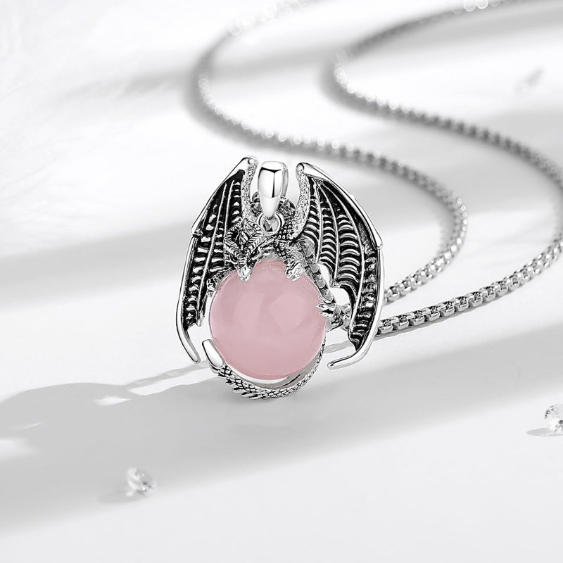 Vito Pink Quartz Dragon Necklace for Women Men, Crystal Rose Quartz Ball Dragon Pendant Lucky Energy Amulet Jewelry Gift for Daughter Son, 22"+24" - Image 3