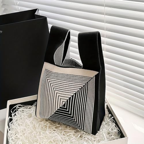 Kawn® Crochet Wrist Handbag for Women Wristlet Handbag Sleeve Knot Pouch Portable knitted breathable lightweight foldable Casual Small Purse Cute Tote Bag For Shopping, Dating, Travel (Fret Black) - Image 4
