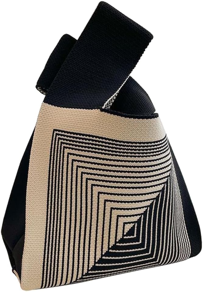 Kawn® Crochet Wrist Handbag for Women Wristlet Handbag Sleeve Knot Pouch Portable knitted breathable lightweight foldable Casual Small Purse Cute Tote Bag For Shopping, Dating, Travel (Fret Black) - Image 1