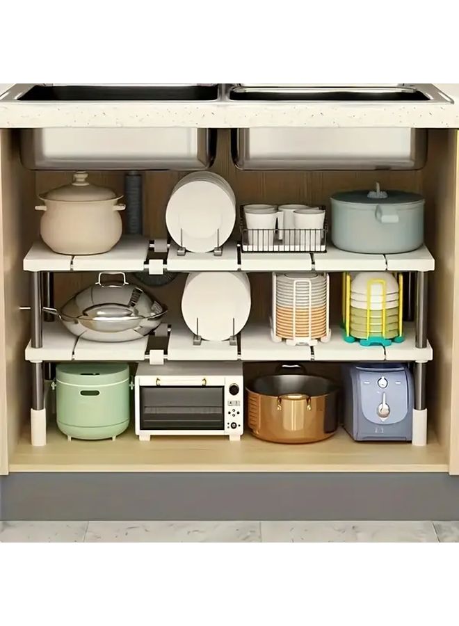 1 Piece Single Layer Expandable Under Sink Organizer Rack With Pull Out Shelf Multifunctional Stainless Steel And Plastic Floor Mount Utility Rack Space Saving Storage For Kitchen And Bathroom Instructions And Installation Video Link Included - Image 2