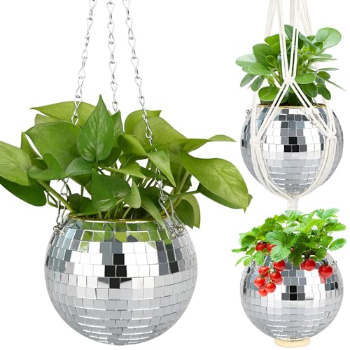 FGBNM 6" Disco Ball Planter, Disco Ball Plant Hanger with Hanging Rope, Hanging Chain, Hook, Circle and Extra Mirror Pieces - Image 1