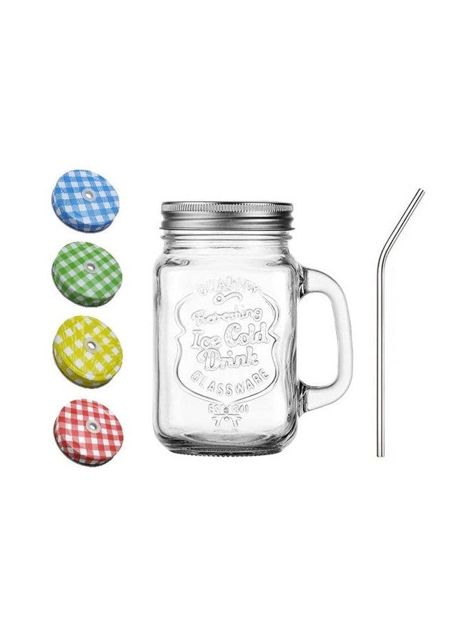 SAVE Mason Jar With Stainless Steel Straw And Handle And 2 Lids | 1 Lid With Hole And 1 Without Hole | Stylish Embossing Design | 450 Ml | Multicolour Lid With Hole (Bent Straw, Clear) - Image 1