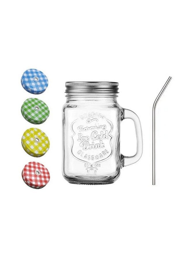 SAVE Mason Jar With Stainless Steel Straw And Handle And 2 Lids | 1 Lid With Hole And 1 Without Hole | Stylish Embossing Design | 450 Ml | Multicolour Lid With Hole (Bent Straw, Clear) - Image 2