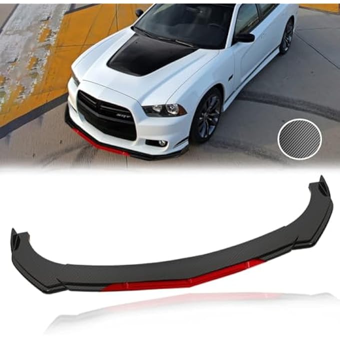 keepdsgn Front Lip Bumper Splitter Universal Kit Compatible with Subaru WRX Dodge Charger Camaro Q50 & Most Sedan - Sharp,Carbon Fiber,Red Tongue - Image 1