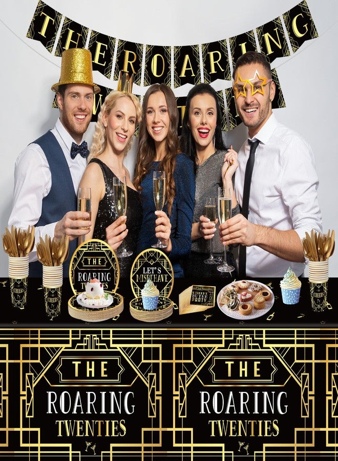 ABURRORI 188 Pcs Roaring 1920's Party Tableware Set, 24 Guests Black and Gold Birthday Party Tablecloth Dinner Plates Dessert Plates Cups and Napkins for Speakeasy 1920s Vintage Wedding Party Supplies - Image 5