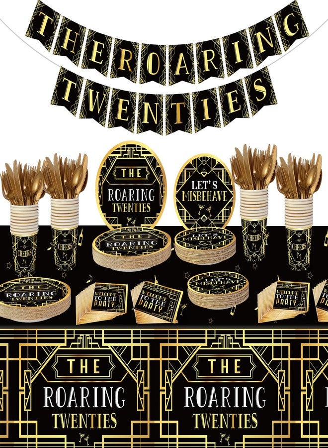 ABURRORI 188 Pcs Roaring 1920's Party Tableware Set, 24 Guests Black and Gold Birthday Party Tablecloth Dinner Plates Dessert Plates Cups and Napkins for Speakeasy 1920s Vintage Wedding Party Supplies - Image 1