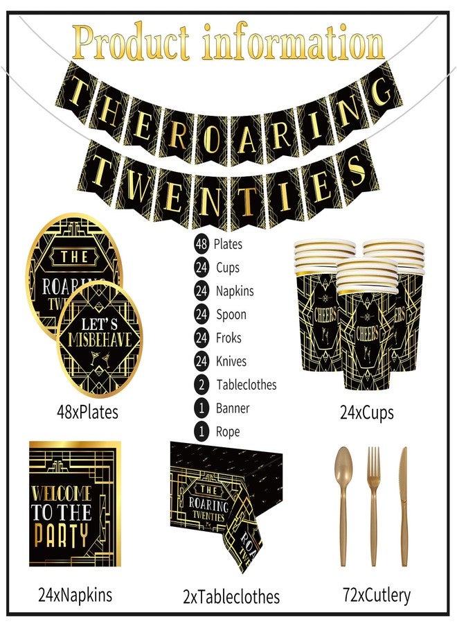 ABURRORI 188 Pcs Roaring 1920's Party Tableware Set, 24 Guests Black and Gold Birthday Party Tablecloth Dinner Plates Dessert Plates Cups and Napkins for Speakeasy 1920s Vintage Wedding Party Supplies - Image 3