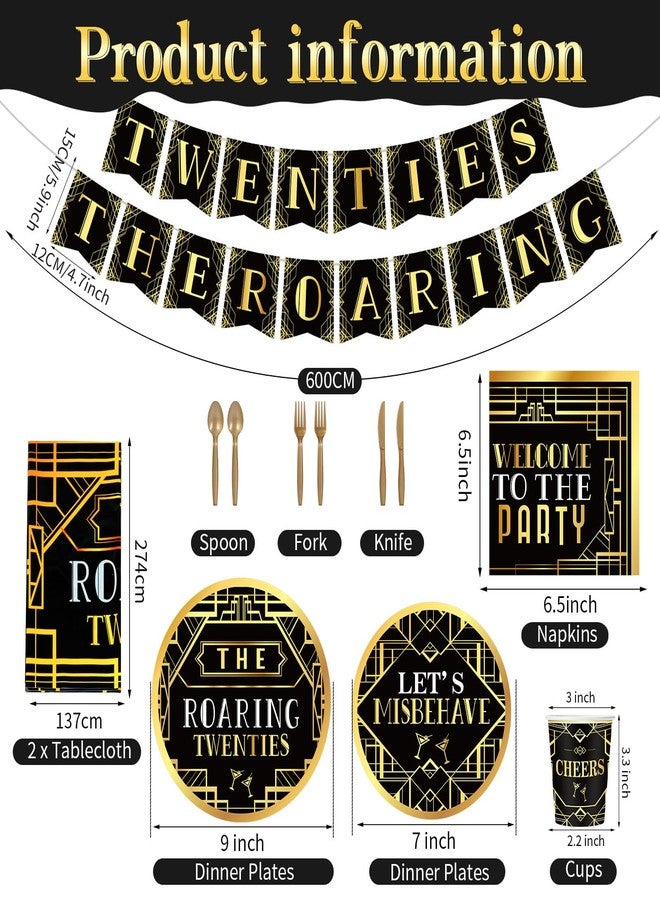 ABURRORI 188 Pcs Roaring 1920's Party Tableware Set, 24 Guests Black and Gold Birthday Party Tablecloth Dinner Plates Dessert Plates Cups and Napkins for Speakeasy 1920s Vintage Wedding Party Supplies - Image 2