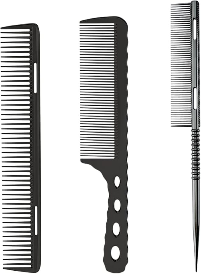 3 Pcs Professional Aluminum Comb Set for Barber Hair Styling - Fine Cutting, Rat Tail, Handle Combs (Black)