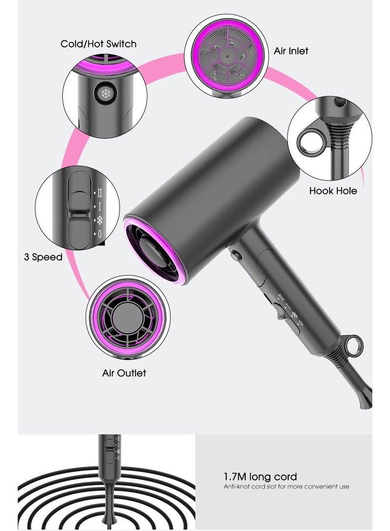 SODI 1800W Ionic Hair Dryer, Professional Salon Hair Blow Dryer, 3 Heating/2 Speed/Cold Settings Blow Dryer with 2 Concentrator, 1 Diffuser Foldable Hair Dryer For Home Salon Travel - Image 2