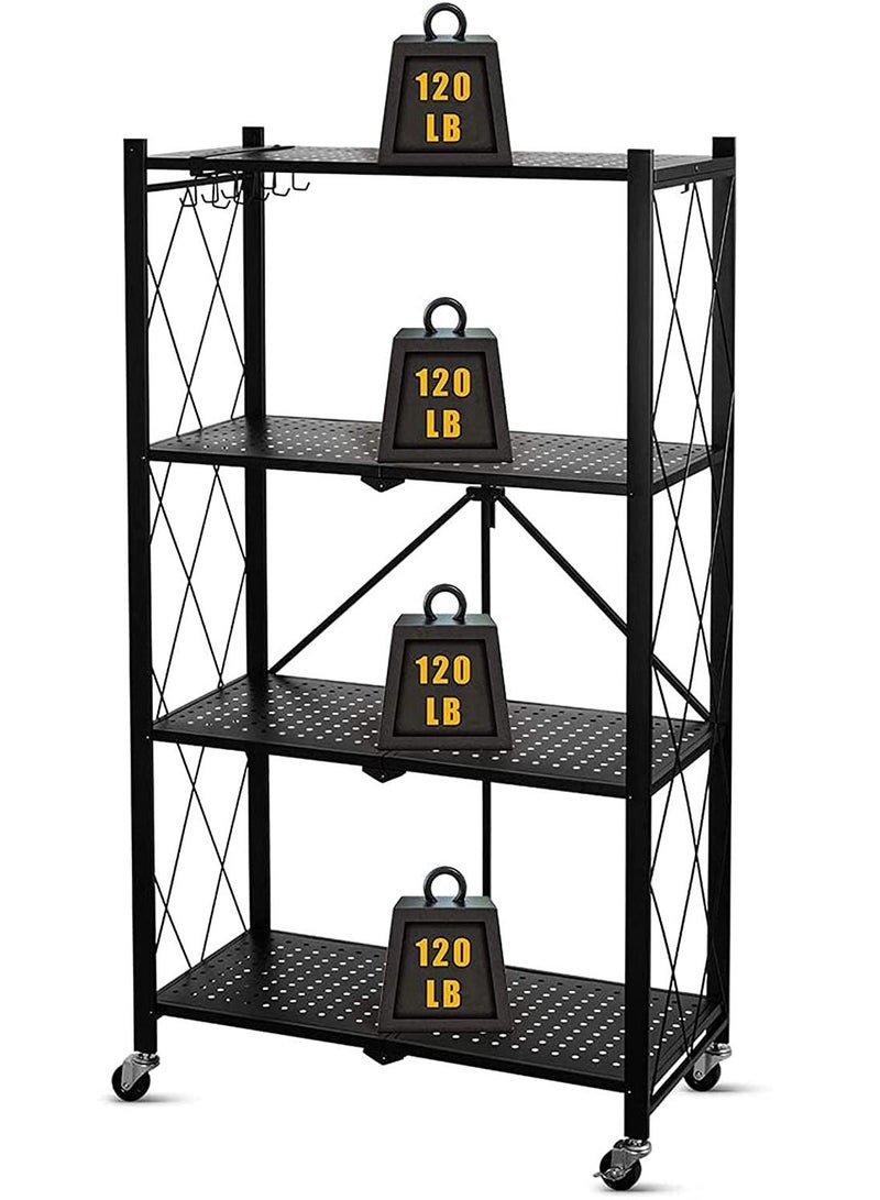 DubaiGallery 4 Tier Folding Storage Shelving Unit Metal Storage Rack with Wheels Metal Garage Storage Display Rack Kitchen Laundry Cabinet Black 4 Tier Rack - Image 2