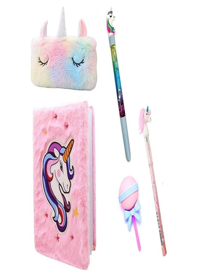 ECLET Unicorn Combo-5ps Diary/Pen/Pencil/Eraser/Fur Pouch For Birthday Return Gift set - Image 2