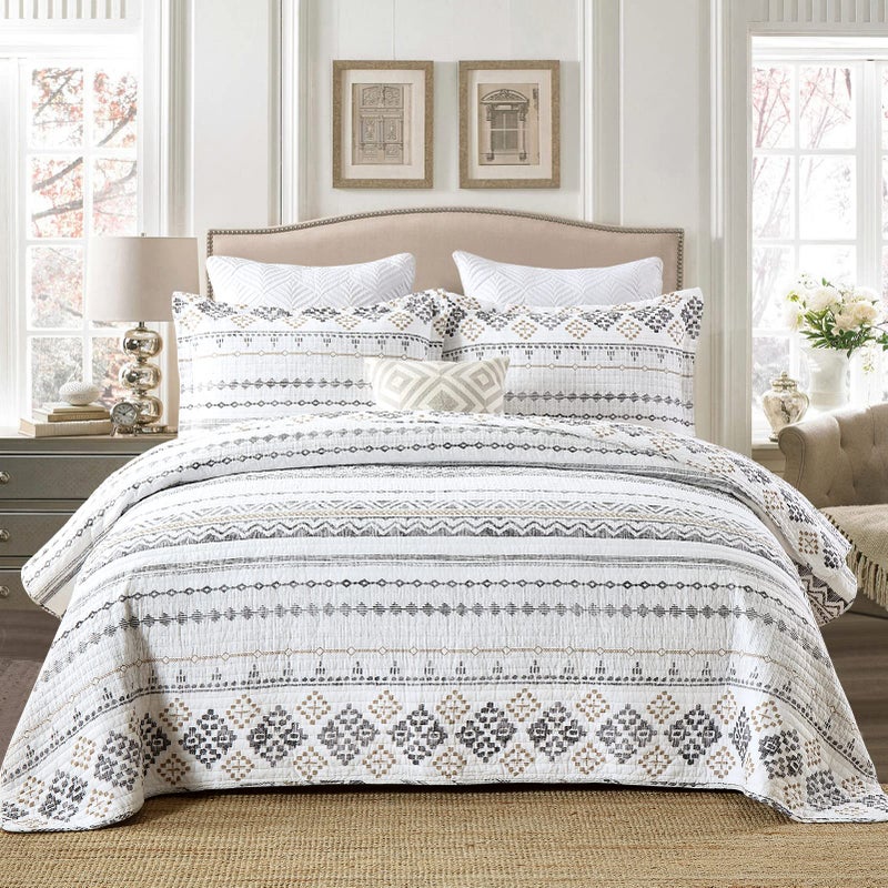 DUOHONG Quilts Queen Size Queen Quilt Bedspread Sets 100 Cotton Boho Quilted Bedding Set for Queen Bed 3 Pieces Bohemian Reversible Striped Lightweight Comforter Bed Spread White