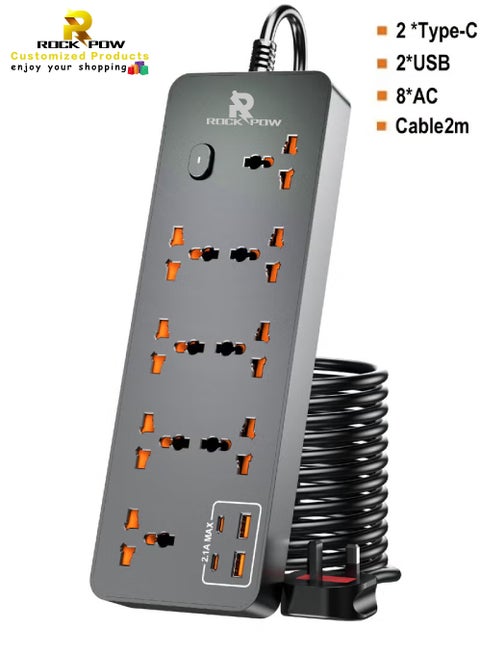 2 meters Universal Extension Lead with Multiple Function UK Plug 3 Pin Socket Outlet with 8 Gang 2 USB Port 2 Type-C Port 2M Electric Socket Mains Strip for Home Kitchen and Office 2 meters