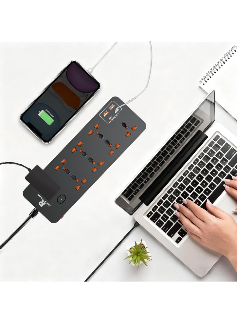 Rock Pow 2 meters Universal Extension Lead with Multiple Function UK Plug 3 Pin Socket Outlet with 8 Gang 2 USB Port 2 Type-C Port 2M Electric Socket Mains Strip for Home Kitchen and Office 2 meters - Image 5