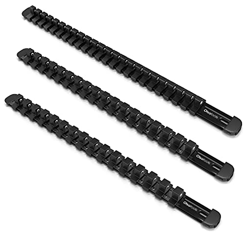 Olsa Tools Aluminum Socket Organizer, 3pc Set - Locking End Caps - 1/4-Inch Drive x 24 Clips, 3/8-Inch Drive x 18 Clips, 1/2-Inch Drive x 16 Clips - Professional Grade - Black - Part: 1181 - Image 1